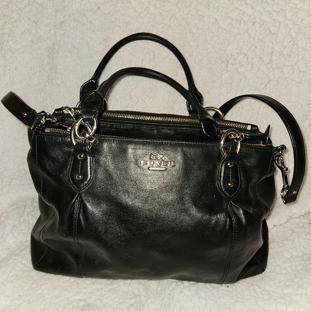 Coach black leather satchel bag with strap